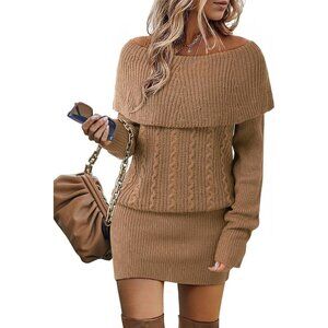 Women's Camel Long Sleeve Cowl Neck Bodycon Mini Sweater Short Dress